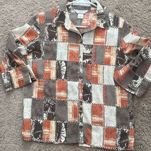 Allison Daley Petite semi sheer orange and brown checkered‎ button up blouse